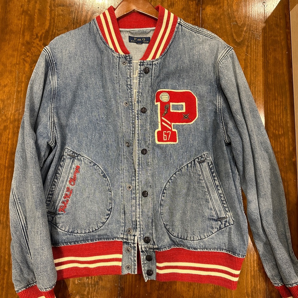 Polo by Ralph Lauren Blue Denim Varsity Jacket with Red Accents
